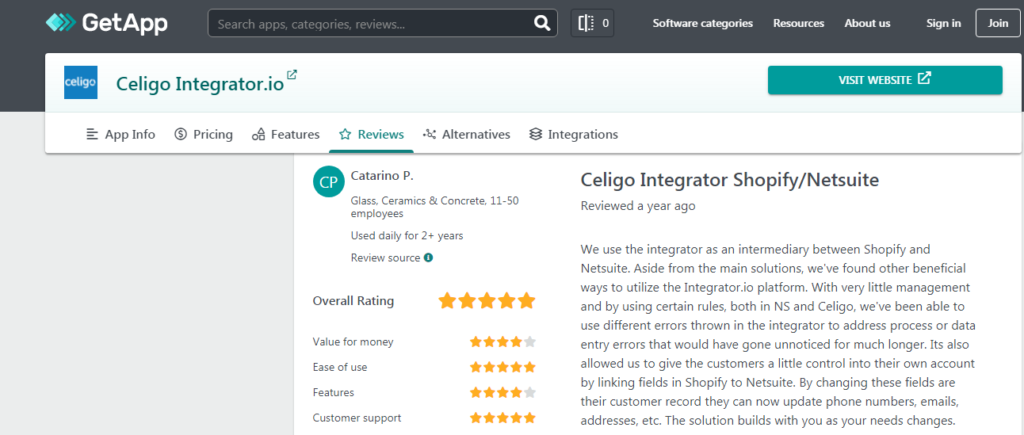 Customer Review Celigo NetSute Shopify INtegration 1