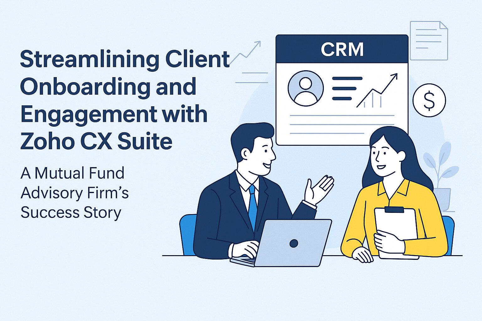 Illustration of professionals discussing CRM software for client onboarding and engagement with Zoho CX Suite.