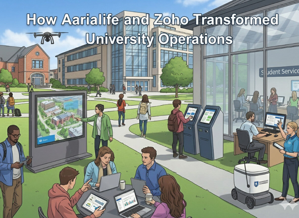 A minimalist illustration of two university buildings connected by glowing digital lines to abstract shapes representing cloud computing and a circuit board.
